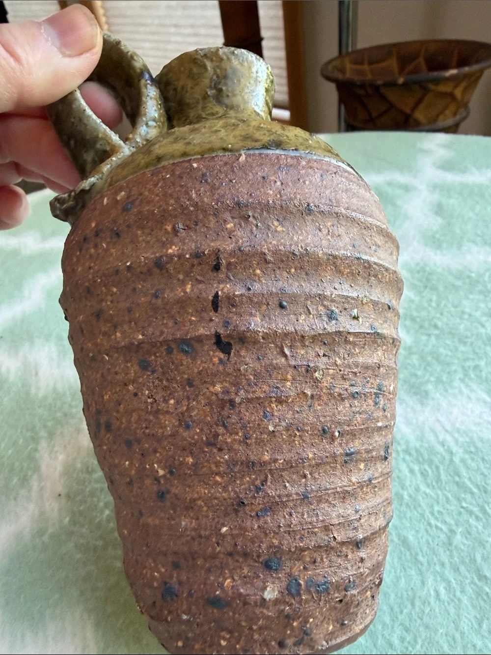 Handcrafted Two-Tone Ceramic Pitcher Vase - Rustic Brown & Olive Green 6.5” tall